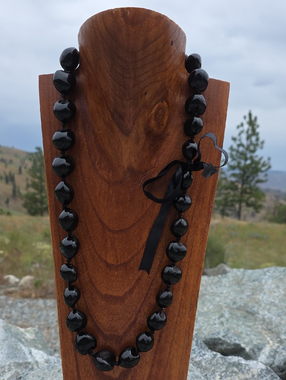 Black Kukui Nut Beaded Ribbon Hawaiian Lei Necklace - Women Jewelry